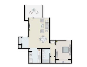One Bedroom One Bathroom Staged Floor Plan. at Shoreline Apartments, Buffalo, New York