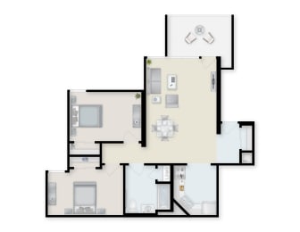 Two Bedroom One Bathroom Staged Floor Plan. at Shoreline Apartments, Buffalo, New York