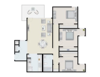 Three Bedroom  One Bathroom Floor Plan. at Shoreline Apartments, Buffalo, New York