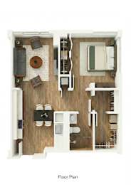 A floor plan of a small apartment with a kitchen, living room, and bathroom.