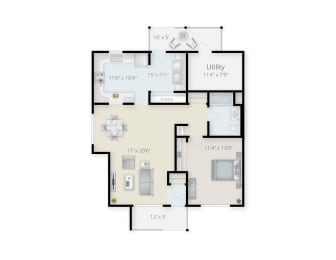 One Bedroom One Bathroom Floor Plan  at Summit Wood Apartments, New York, 13601