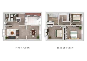 Three Bedroom Two Bathroom Townhome 3D Floor Plan.at The Oak at Island Creek Village, Massachusetts