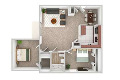 Two Bedroom  One Bathroom Floor Plan in 3D.at The Oak at Island Creek Village, Duxbury Massachusetts