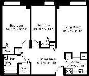 two-bedroom-floorplan at Whittier Terrace, Worcester, MA, 01609