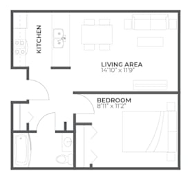 Floor Plan  A floor plan of a small apartment with a kitchen, living area, and bedroom.