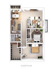 A floor plan of a small apartment with a kitchen, living room, and bedroom.