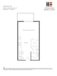 A floor plan for a studio apartment with a living room, kitchen, and bathroom.