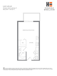 A floor plan for a studio apartment with a kitchen, bathroom, and living room.
