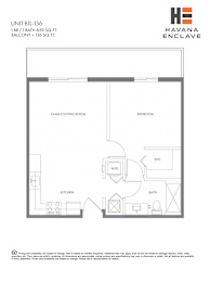 A floor plan for a unit at Havana Enclave shows a living room, dining room, kitchen, bedroom, and bathroom.