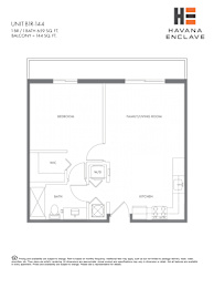 A floor plan for a one bedroom apartment at Havana Enclave.