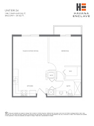 A floor plan for a unit at Havana Enclave shows a living room, kitchen, bathroom, and bedroom.