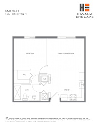 A floor plan for a 1BR apartment at Havana Enclave.