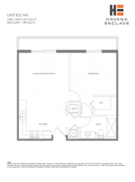 A floor plan for a small apartment with a kitchen, bathroom, and two bedrooms.