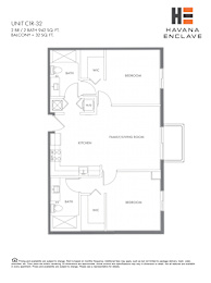 A floor plan for a unit at Havana Enclave shows a living room, two bedrooms, a bathroom, a kitchen, and a workspace.
