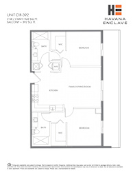 A floor plan for a Havana Enclave apartment shows two bedrooms, a family room, a kitchen, a bathroom, and a workspace.