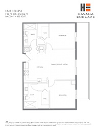 A floor plan for a Havana Enclave apartment shows two bedrooms, a living room, a kitchen, a bathroom, and a workspace.
