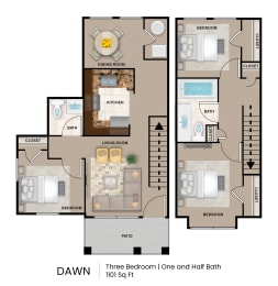 a floor plan of three bedroom one and half baths