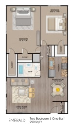 a floor plan of two bedroom one bath with a bathroom and a living room