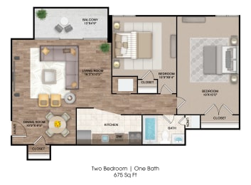 a floor plan with two bedrooms and one bath