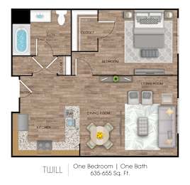 A floor plan of a one bedroom, one bath apartment.