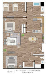 A floor plan of a three bedroom apartment with one and a half baths.