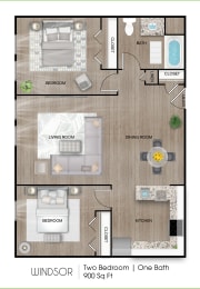 the floor plan of two bedroom 1 one bath