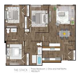3 Bedroom 1.5 Bathroom Floorplan at Hudson Heights Apartments, Mechanicville, New York