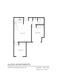 A floor plan for the Alder Apartments.