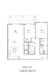 A floor plan for a 2 bedroom/2 bath apartment at 1057 S.F.