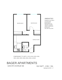 A floor plan for Bager Apartments shows two bedrooms, a dining room, kitchen, and bath.