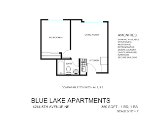 A floor plan for Blue Lake Apartments shows a living room, a kitchen, a bathroom, and a bedroom.