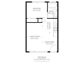 Floor Plan  A floor plan of a one bedroom apartment for Cornerstone Apartments