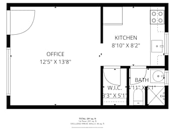 Floor Plan  Studio Apartment floorplan with Kitchen, Living Space, Bathroom and Large Closet