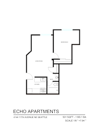 A floor plan for Echo Apartments showing one apartment with a living room, kitchen, and bathroom.