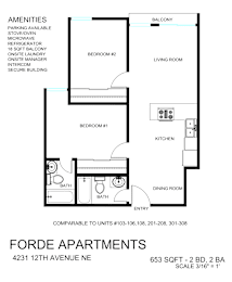 A floor plan for a 2 bedroom, 2 bath apartment.
