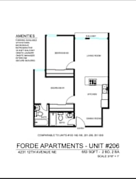 A floor plan for a 2 bedroom, 2 bath apartment.