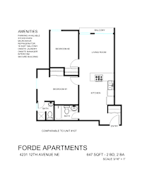 A floor plan for the Forde Apartments shows two bedrooms, a living room, a kitchen, and a bathroom.