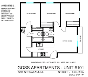 A floor plan for apartment units at Goss Apartments.