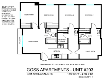 A floor plan for a 4 bedroom apartment with a living room, dining room, kitchen, and bathrooms.