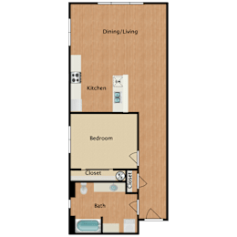 A floor plan of a small apartment with a kitchen, bathroom, and bedroom.