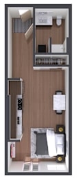 A top-down view of a small apartment with a bed, desk, and shelves.