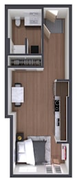 A top-down view of a small apartment with a bed, desk, and kitchenette.