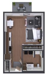 A top-down view of a small apartment layout with a kitchen, living room, and bedroom.