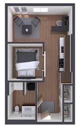 A 3D floor plan of a small apartment with a bedroom, living room, and kitchen.