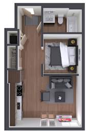 A top down view of a small apartment with a bed, desk, and kitchenette.
