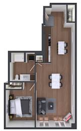 A 3D rendered image of a modern apartment layout.