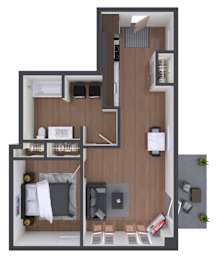 A top-down view of a small apartment with a kitchen, living room, and bedroom.