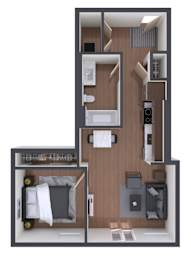 A top-down view of a small apartment with a bedroom, living room, and kitchen.
