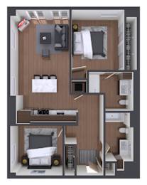 A 3D floor plan of a small apartment with a bedroom, living room, and kitchen.