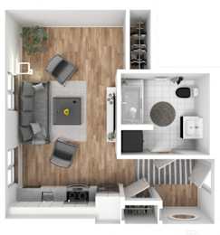 A top-down view of a small apartment with a living room, kitchen, and bathroom.